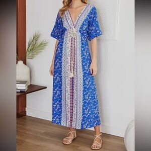 MADE IN ITALY Boho floral print deep v neck rope tie front kaftan maxi dress